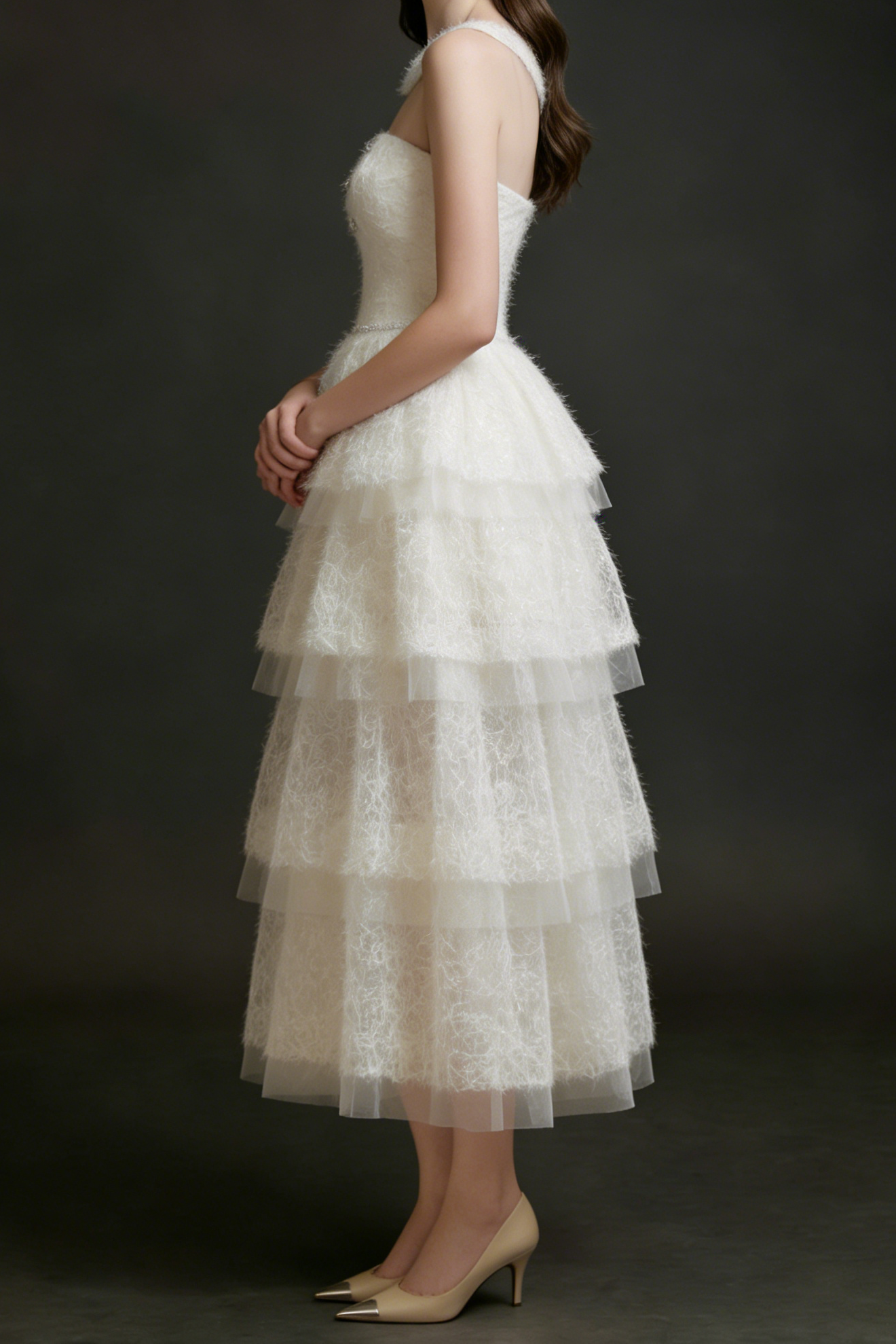 Flowering Girl Women Alison Mesh Stitching Layer Dress In White