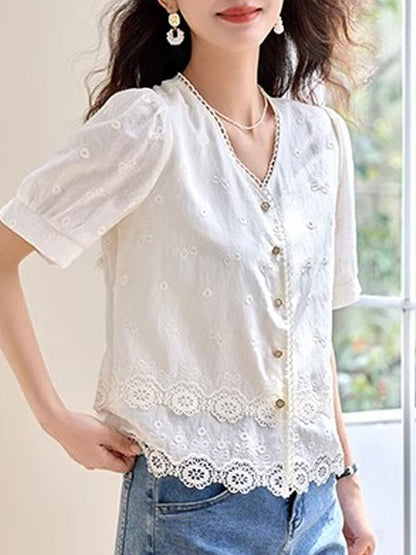 sabina Loose V-Neck Hollowed Lace Top