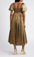 Flowering Girl Women trista square neck puff sleeve midi dress in gold