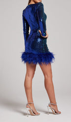 Sequin Feather Mini Dress In Sapphire