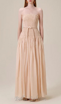 Flowering Girl Women pleated belt chiffon strapless maxi dress in pale pink
