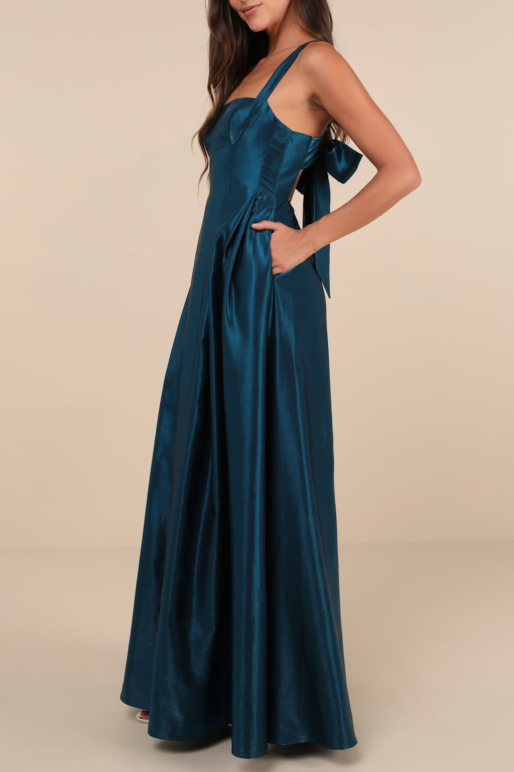 Flowering Girl Women Aura Shiny Dark Teal Taffeta Maxi Dress With Pockets