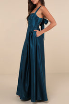 Flowering Girl Women Aura Shiny Dark Teal Taffeta Maxi Dress With Pockets