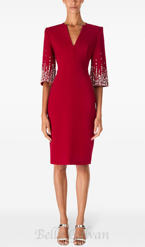 Flowering Girl Women biela v-neck crystal-embellished midi dress in red