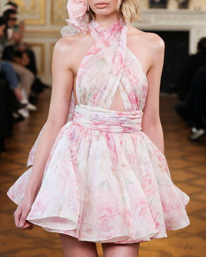 murray floral print halter backless mini dress - pink