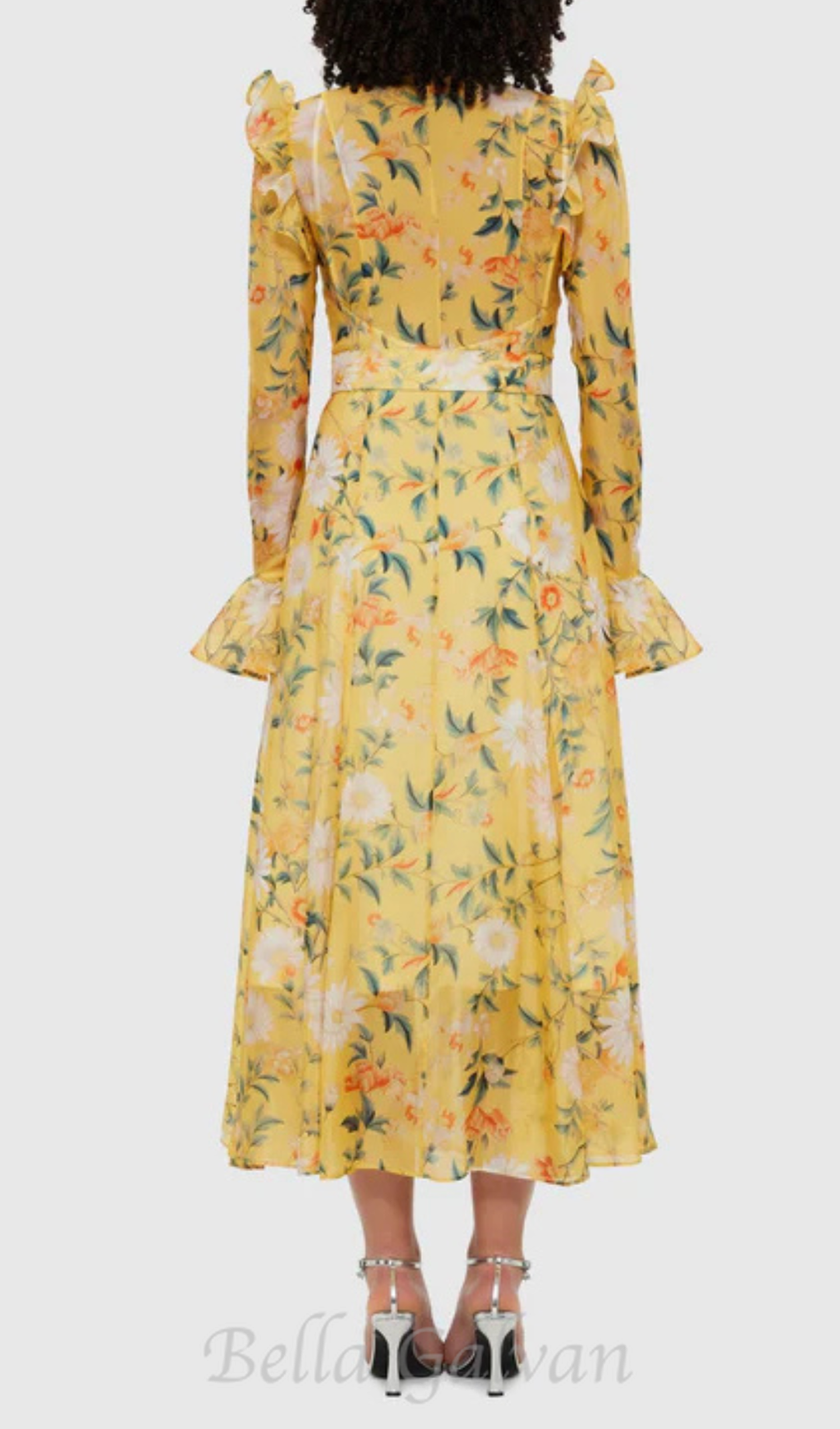Flowering Girl Women Daisy Print Butterfly Sleeve Midi Dress in yellow
