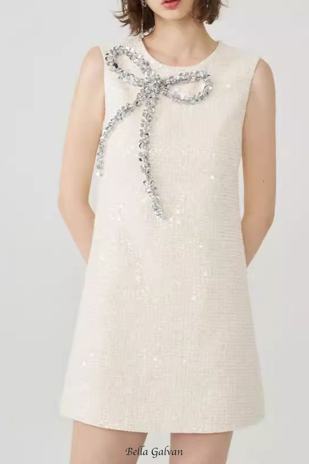 Flowering Girl Women Bow Sequin Tweed Sleeveless mini dress in white