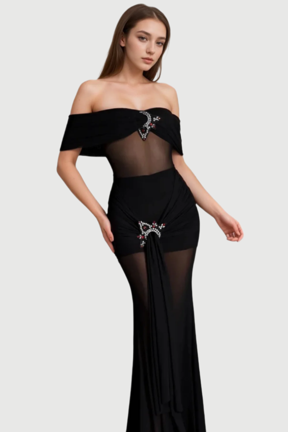 Flowering Girl Women LOGILIS CRYSTAL SHEER MESH DRESS IN BLACK