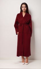 Flowering Girl Women Luxurious Deep Red Belted Wool Coat with Oversized Fit