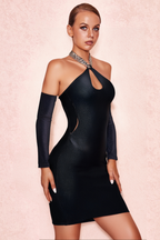 Flowering Girl Women Rhinestone Halter Bandage Midi Dress In Black