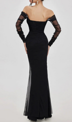 Ariel Black Mesh Off-Shoulder Mermaid Maxi Dress