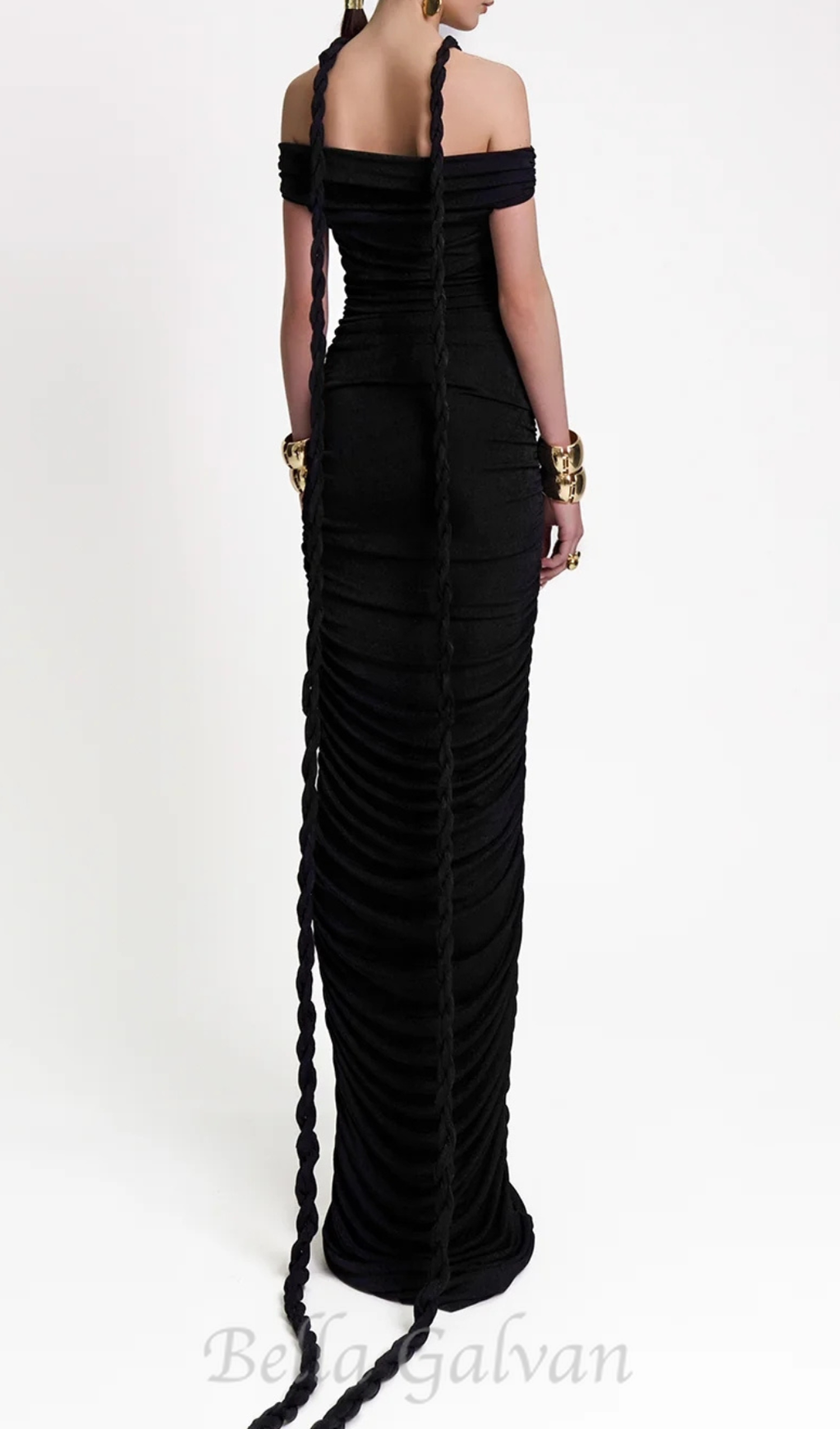 Flowering Girl Women cara black off-shoulder ruched bodycon maxi dress with rope embellished