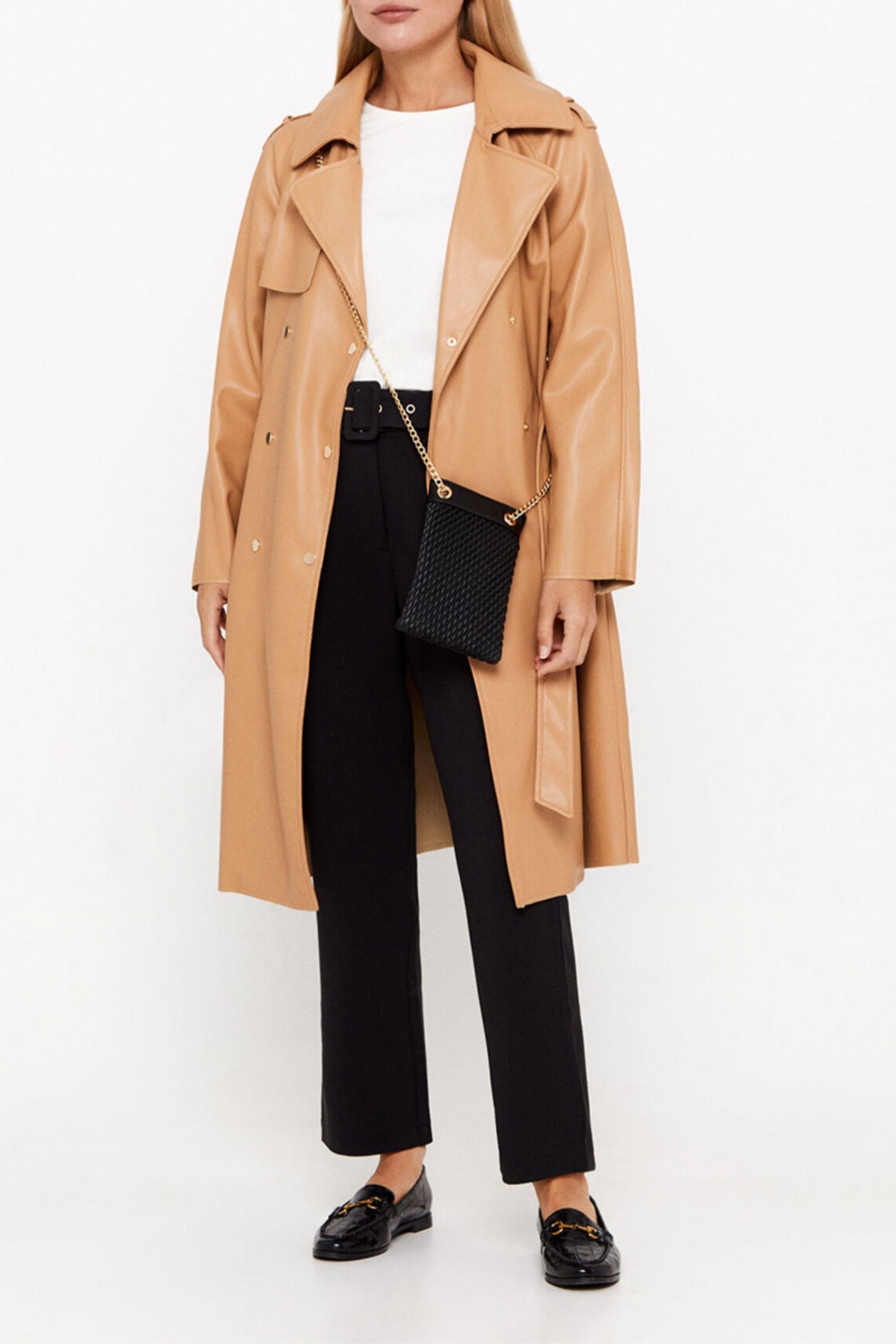 Flowering Girl Women Faux Leather Double-Breasted Coat In Brown Yellow