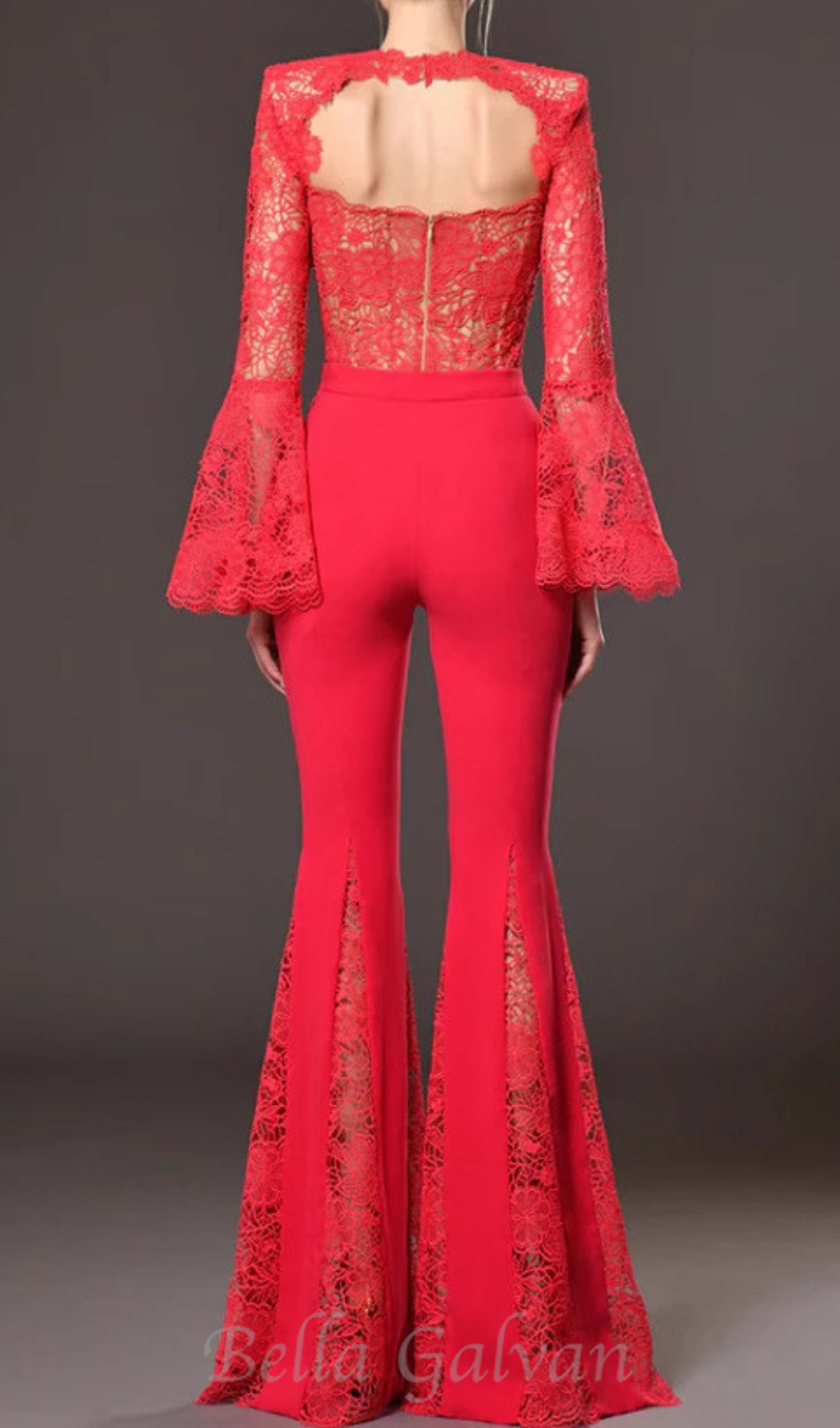 Flowering Girl Women lace-embellished trumpet sleeve jumpsuits in red