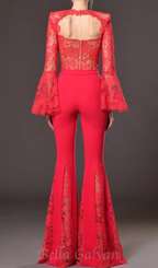 Flowering Girl Women lace-embellished trumpet sleeve jumpsuits in red