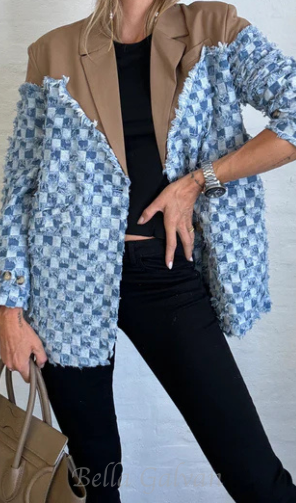 Flowering Girl Women two-tone Denim Checks Blazer in kahki