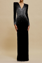 Flowering Girl Women pearl embellished v-neck maxi dress in black