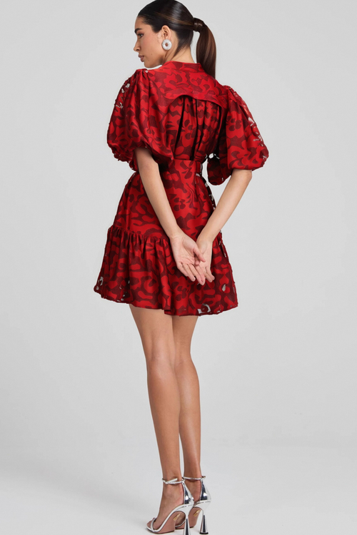 Athénaïs Red Jacquard Semi-Sheer Mini Dress