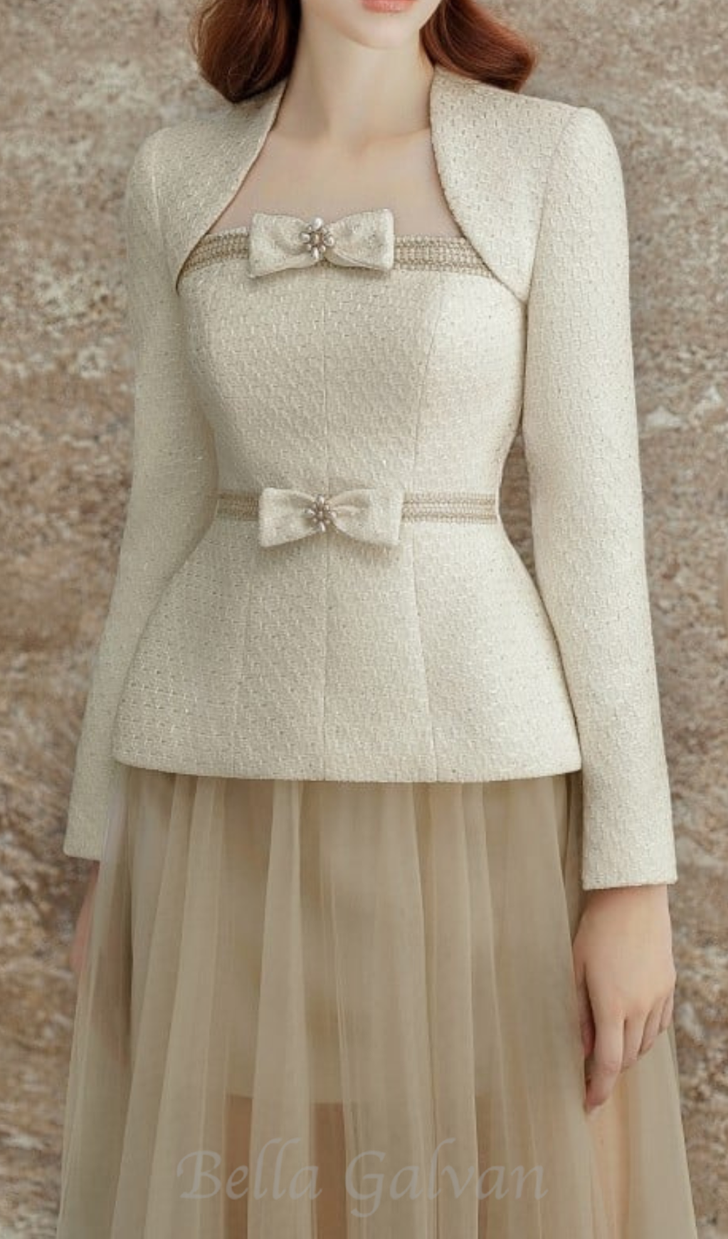 Flowering Girl Women tweed jacket tulle skirt suit in apricot