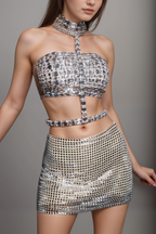 Flowering Girl Women Rhinestone Cutout Crop Top
