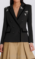 Flowering Girl Women Nail Drill Dragonfly Embroidery Blazer in black