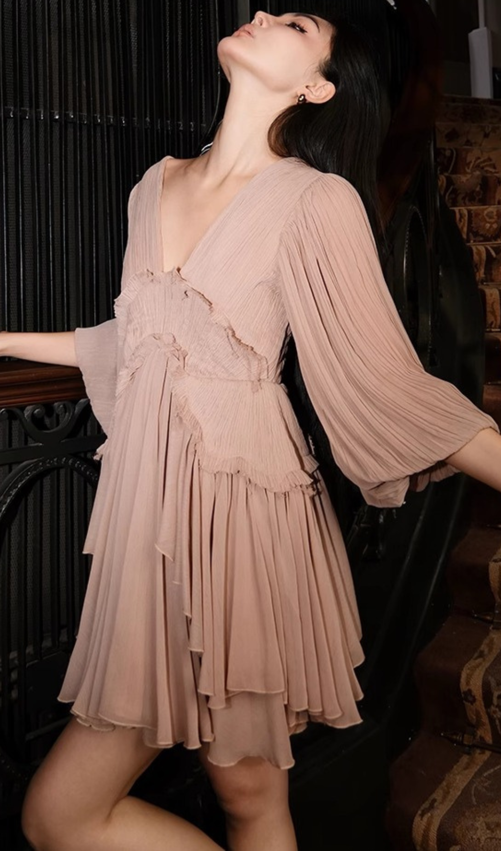 Flowering Girl Women V-neck lantern sleeve pleated midi dress in pale coffee