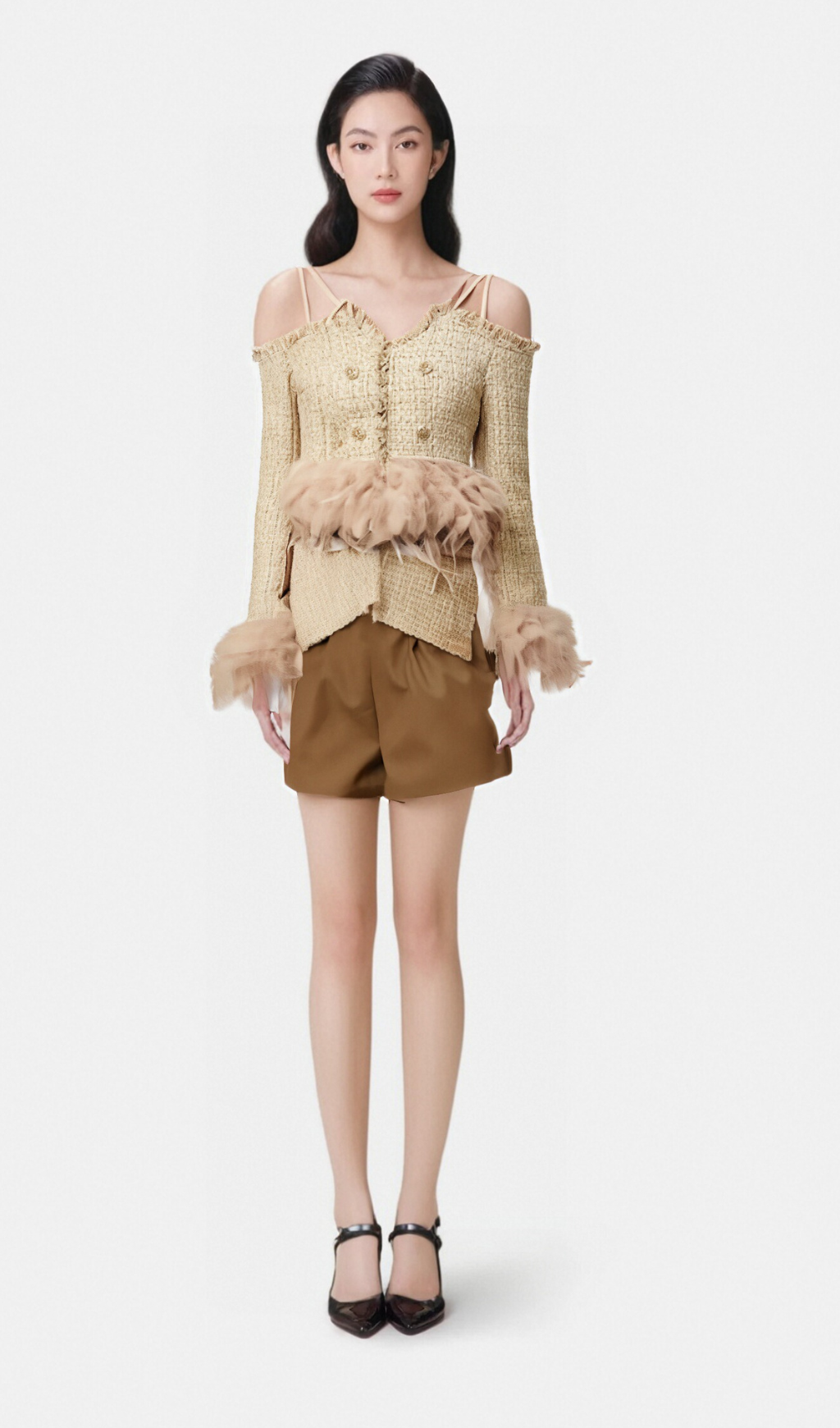Flowering Girl Women Laetiecia off-shoulder feather-trim tweed top