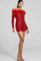 Flowering Girl Women Red Long Sleeve Feathers Sequin Dress