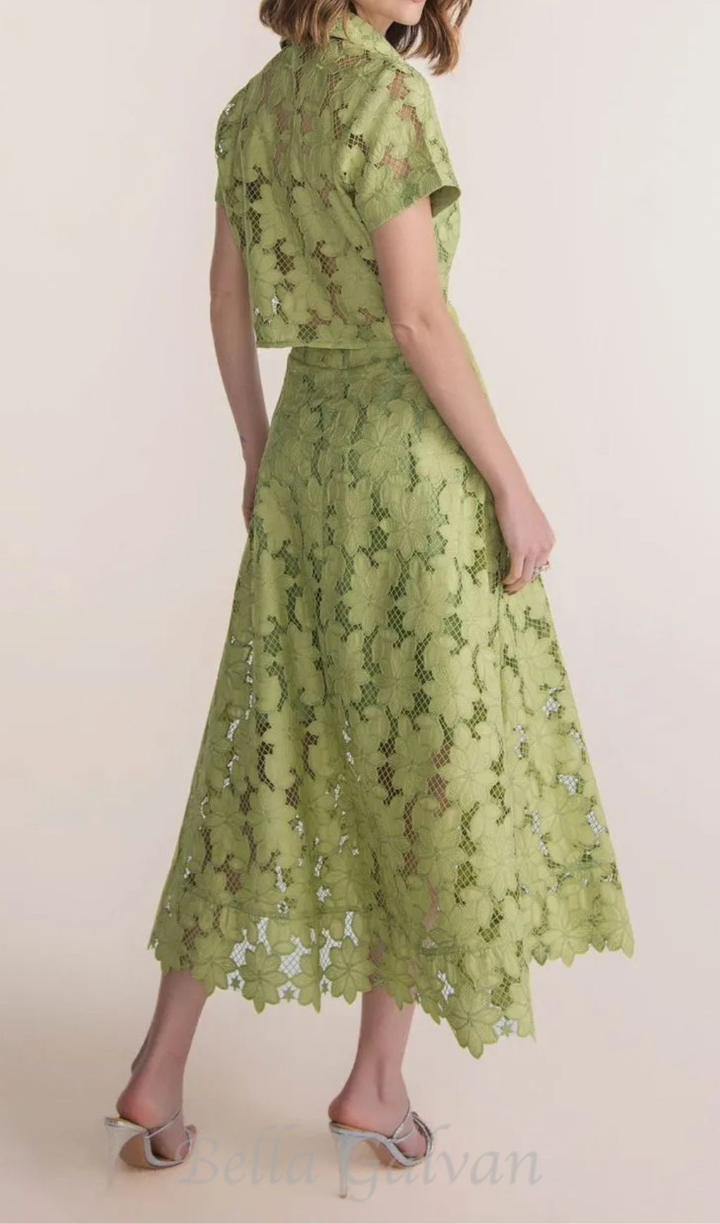 Flowering Girl Women guipure mesh midi skirt cropped set in green