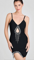 Flowering Girl Women Black Diamond Embellished Bandge Mini Dress