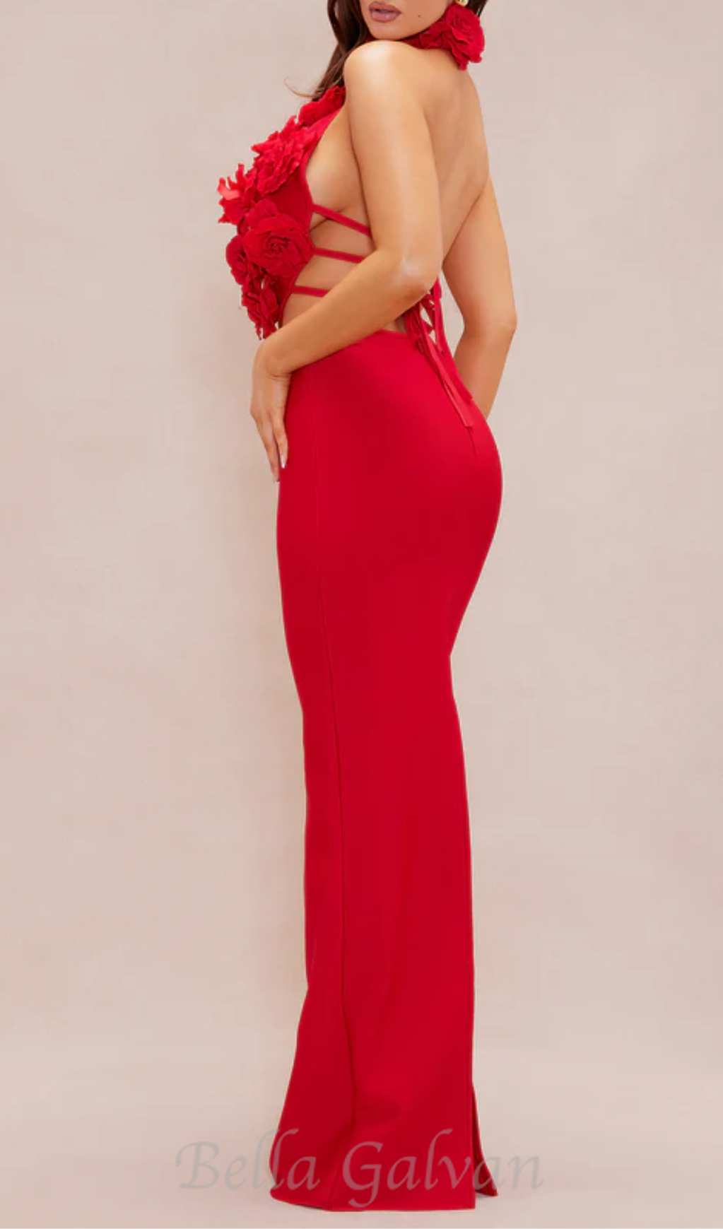 Flowering Girl Women halter 3d flower hollow out backless maxi dress in red