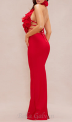Flowering Girl Women halter 3d flower hollow out backless maxi dress in red