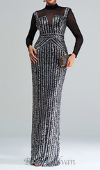 Flowering Girl Women stand collar sequin panel maxi dress in black