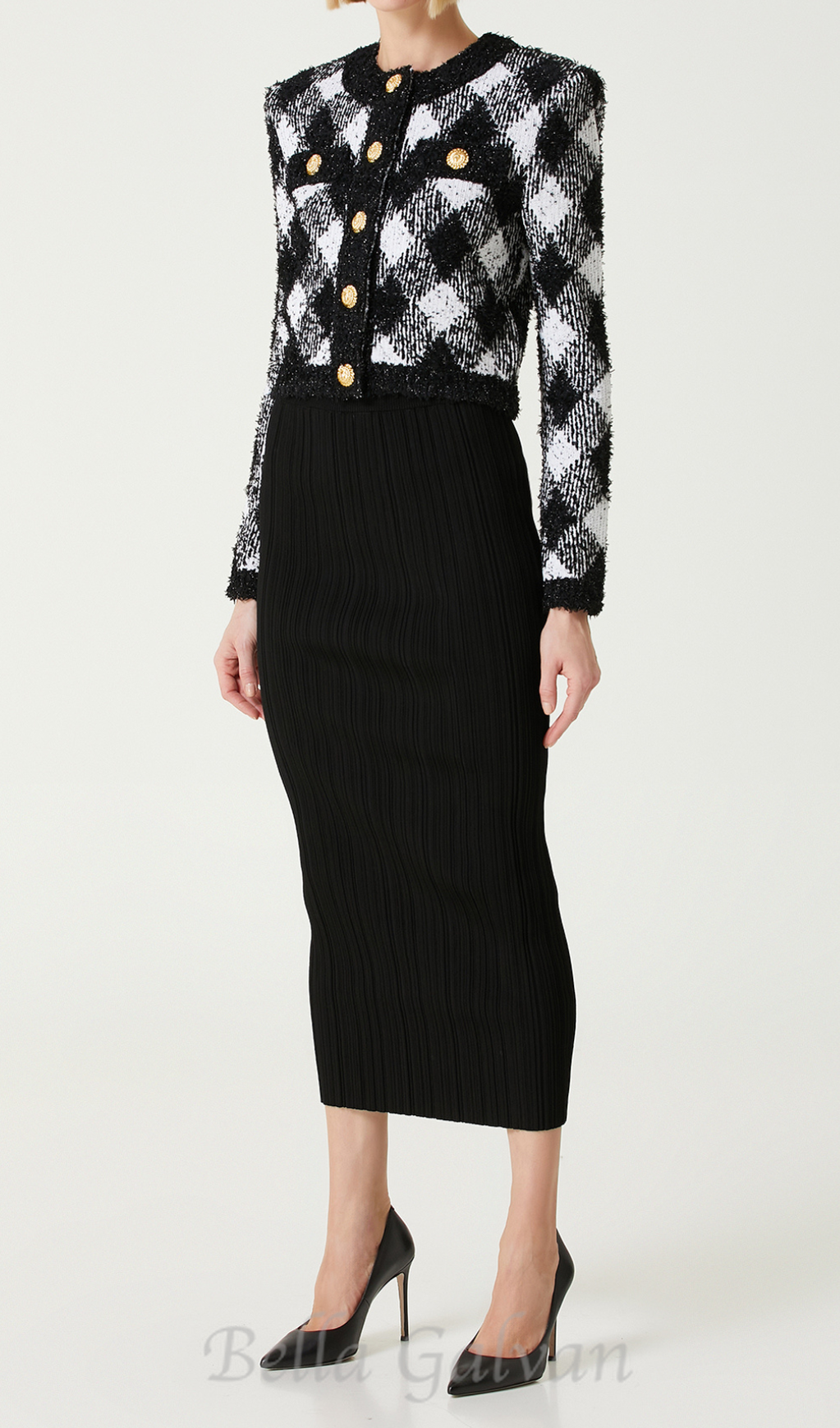 Flowering Girl Women Black White Gingham Tweed Cardigan