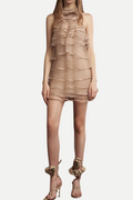 Flowering Girl Women Chiffon Sleeveless Ruffle Mini Dress in khaki