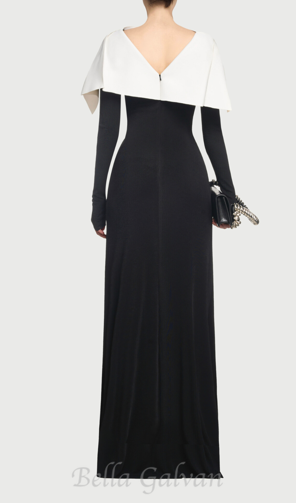 Flowering Girl Women black maxi dress with draped asymmetrical shoulder pleat