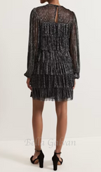 Flowering Girl Women layer chiffon puff mini dress in black