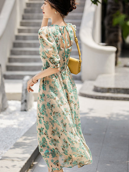ina Elegant Puff Sleeve Printed Dress