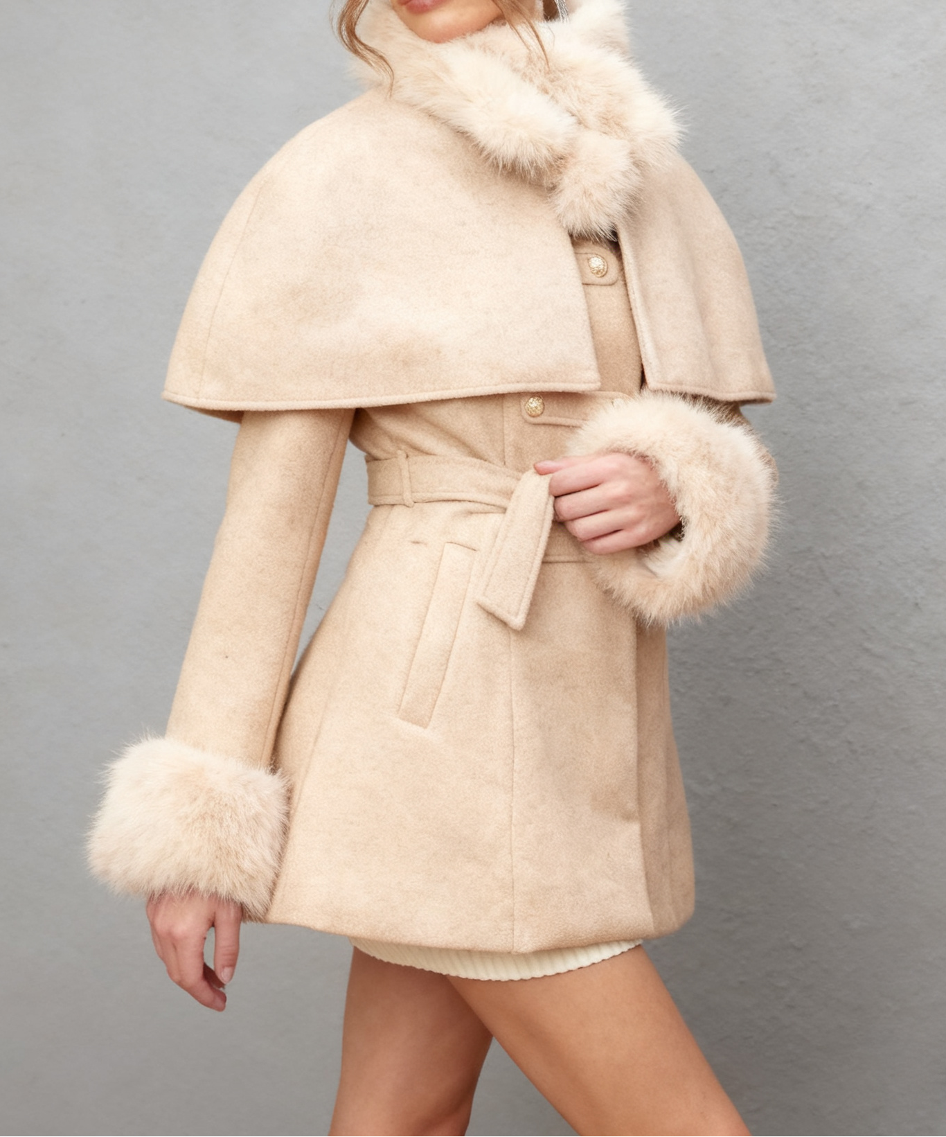 Flowering Girl Women Rosella Detachable-Cape Faux-Fur Coat