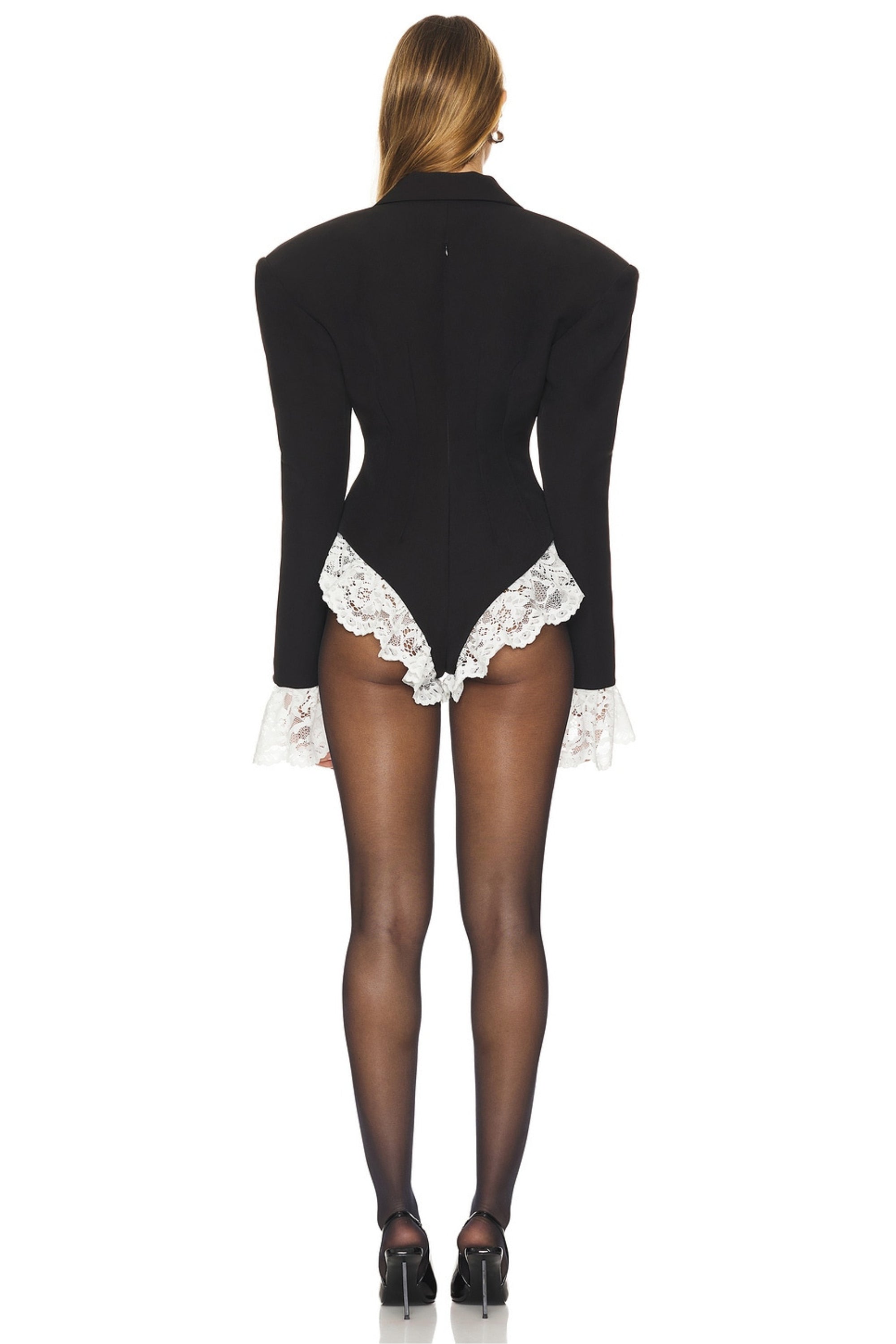v-Neck Lace-Embellished Jumpsuit Blazer In Black