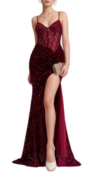 Flowering Girl Women belinda lace corset sequin maxi dress in red
