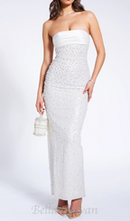 Flowering Girl Women WHITE SATIN SEQUIN PEARLS BEADED MAXI DRESS