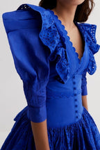 Flowering Girl Women Puff Sleeve V Neck Mini Dresses In Dark Blue