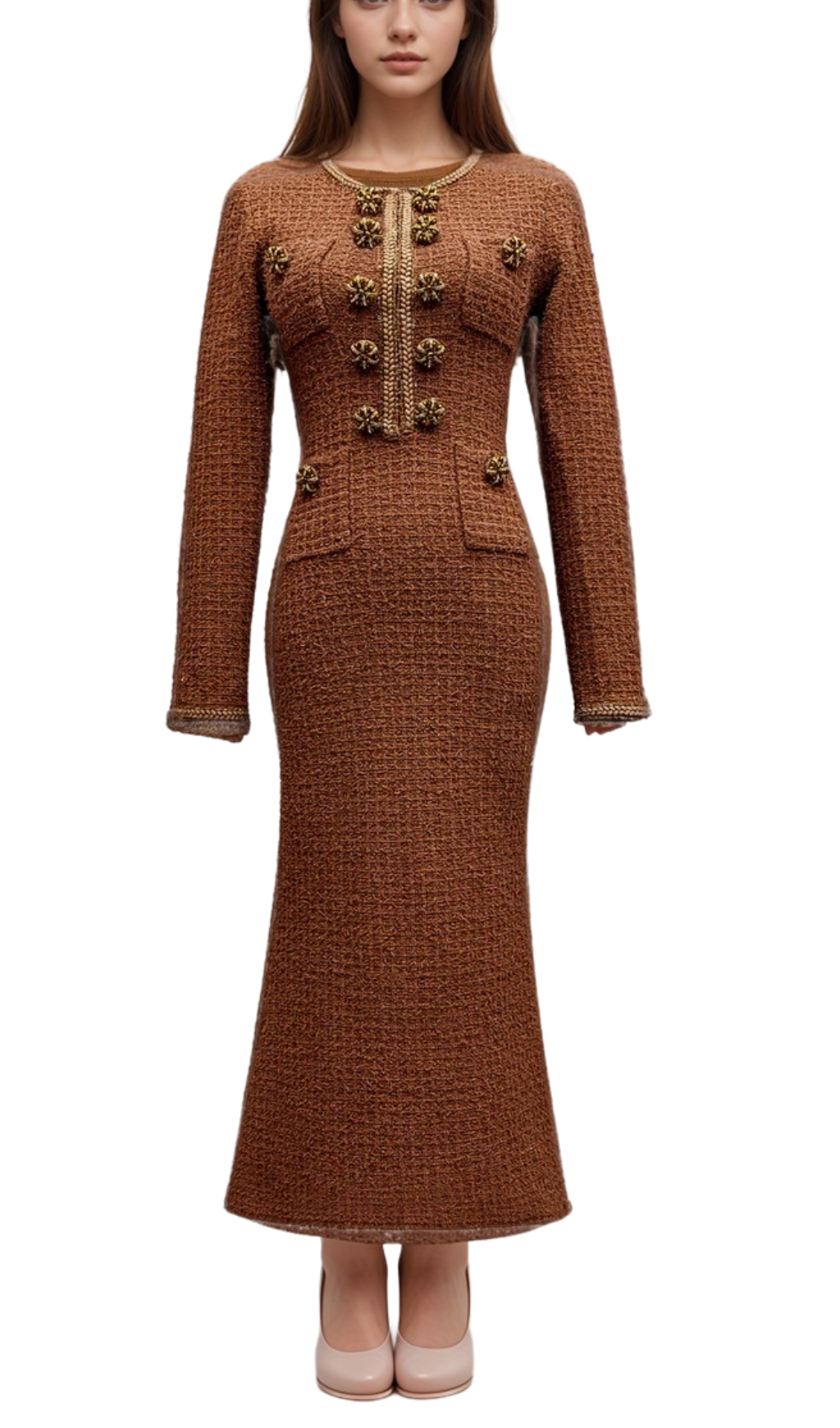 Flowering Girl Women amelia braided-edge tweed midi dress in brown