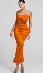 Flowering Girl Women ORANGE OPEN BACK RUCHED FLOWER BODYCON MAXI DRESS