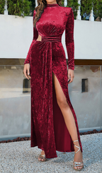 Flowering Girl Women Velvet High Neck Hollow Waist maxi Dress in burgundy