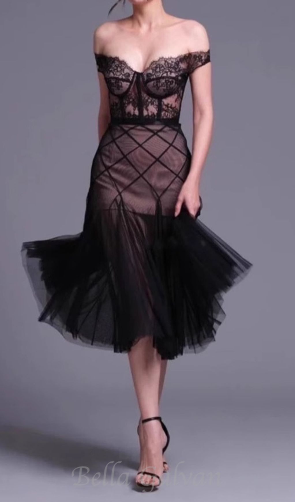 Flowering Girl Women floral dentelle off-shoulder bustier corset net skirt set