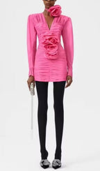 Flowering Girl Women V Neck Pink Ruched Mini Dress
