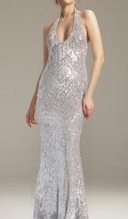 Flowering Girl Women BARBARA HALTER SEQUIN MAXI DRESS IN SILVER