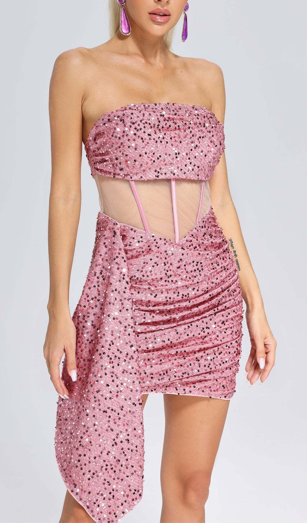 Flowering Girl Women Sequin Mesh Ruched Mini Dress